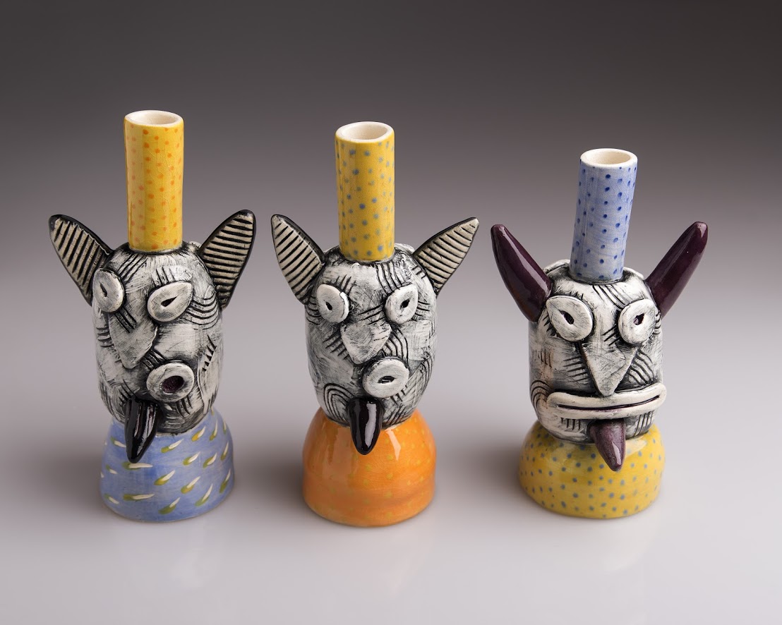 3 Devil Dog Vases